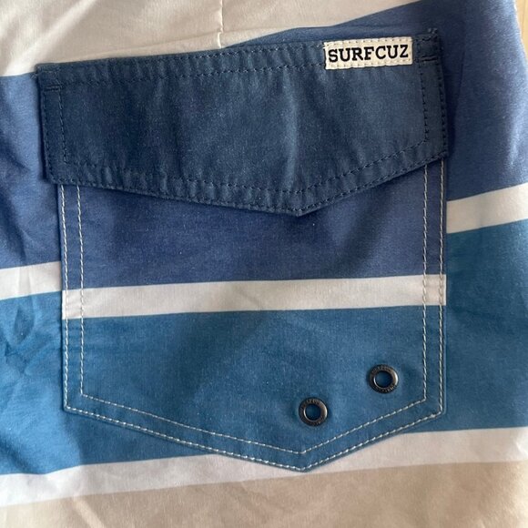 NWT Surf Cuz Men's Board Shorts Sz 30 Striped Print Blue Tan Swim Trunks Pocket - Picture 3 of 8